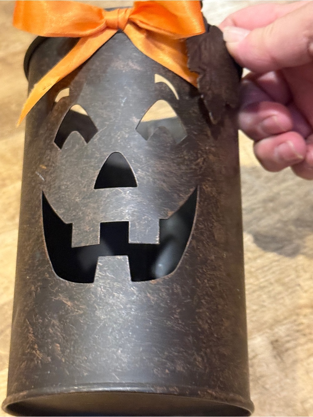 Halloween Jack-O'-Lantern Rustic Metal Lantern with Orange Bow - Picture 2 of 9
